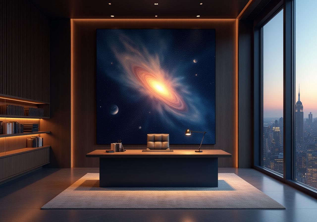 Luxury minimalist office with celestial art piece